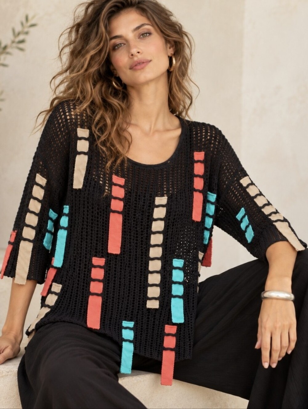 Rara Avis by Iris Apfel Black Open Knit Sweater Ribbons Embellished Artsy Size M